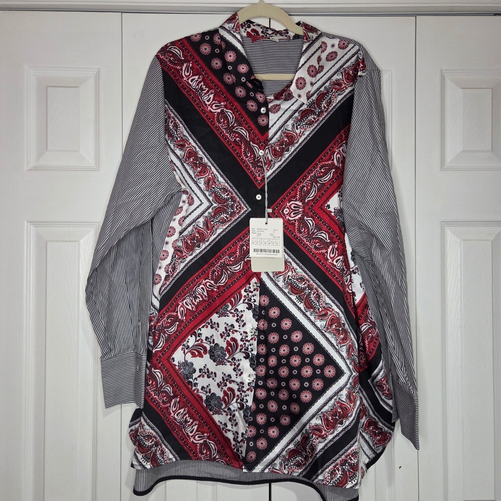 Marina Rinaldi Sport Balenare Shirt 22W Red Black Paisley Scarf Print NWT $325